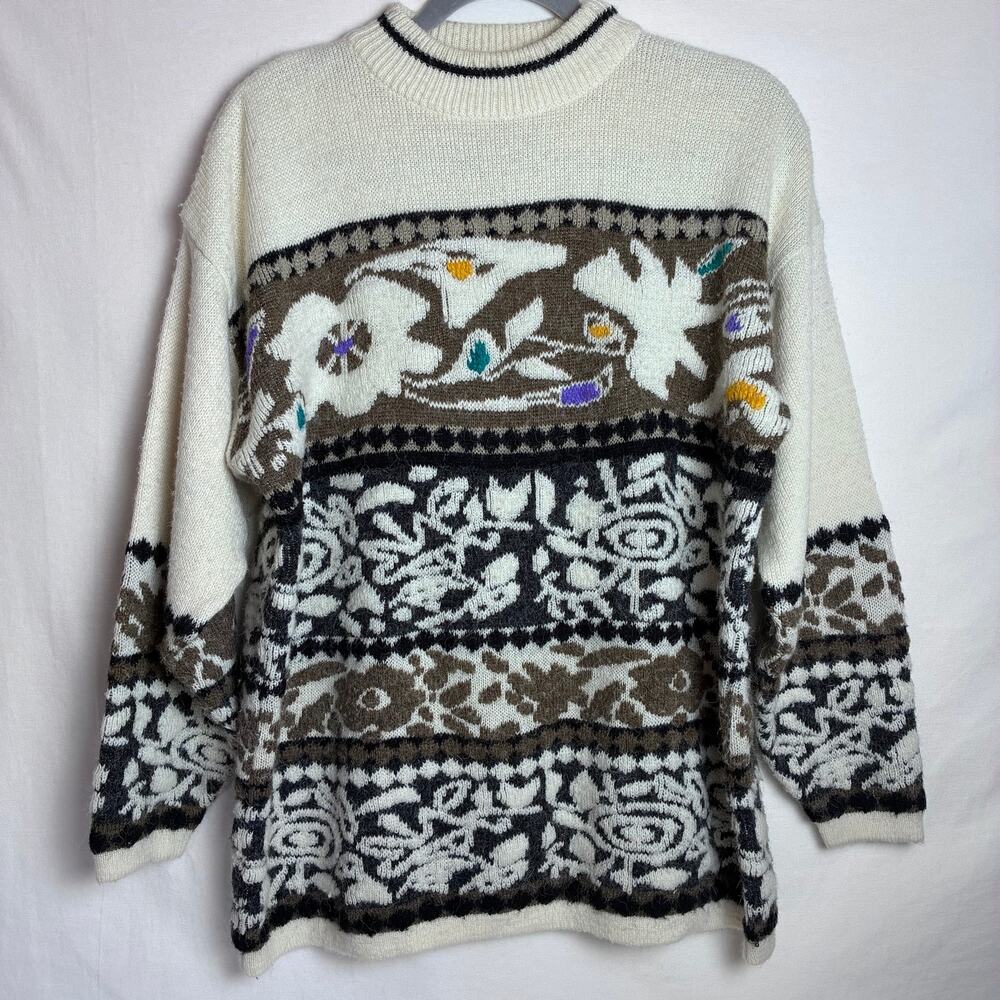 Vintage YU-AN Graphic Floral Knit Sweater Chunky Mock Neck Cream Brown M